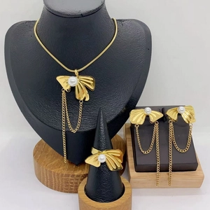 Bowknot Jewelry Stainless Steel Faux Artificial Pearl Zircon Tassel Chain Necklace Earrings Ring Gold Plated Elegant Women Fashion