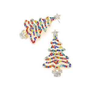 Exaggerated gold hollow Christmas tree drop earrings with colorful sparkling rhinestones