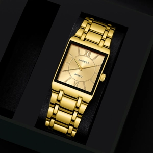 Reloj de cuarzo cuadrado para hombre en metal dorado con brazalete de eslabones