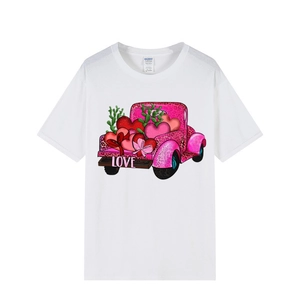 White unisex crewneck T-shirt featuring a pink leopard truck and LOVE print graphic