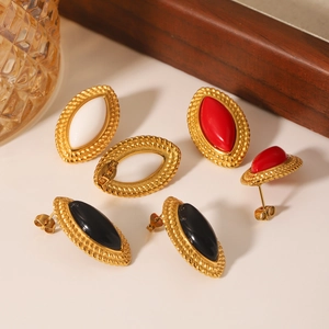 French vintage marquise stainless steel earrings in pearl white, ruby red, and agate black
