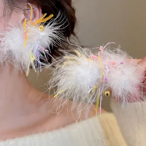 Large White Feather Pendant Earrings With Colorful Accents Alloy And Silver Earring Post Bohemian Style For Women