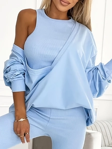 Women's 3-piece light blue ribbed knit lounge set with cardigan, top, and pants