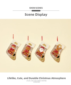 Set of 4 linen Christmas stockings featuring 3D Santa, Snowman, Bear, and Reindeer designs