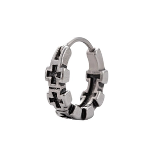 Mens vintage silver stainless steel hoop earring with embossed cross patterns
