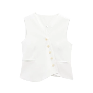 White asymmetrical vest and pleated wide-leg trousers set with button detail