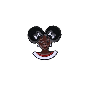 Cartoon black girl enamel pin brooch with afro hair and white bow for clothing decoration