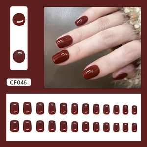 Glossy dark red short square press-on nails set of 24 pieces for elegant daily wear