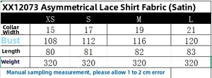 Guide des tailles pour chemise asymétrique en dentelle avec mesures du buste