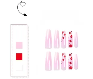 Detail of long coffin press-on nails in light pink with red lip prints and color swatches