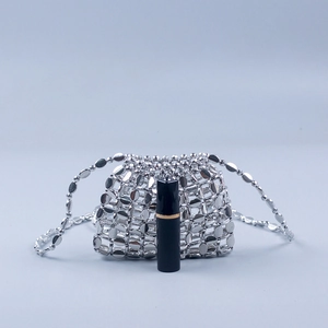 Silver beaded handmade crossbody evening bag with acrylic sequins and chain strap