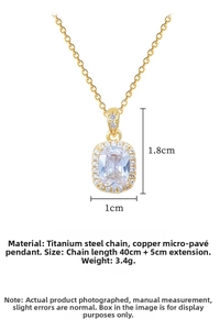 Close-up of gold titanium necklace with square zircon pendant and 1.8cm by 1cm dimensions