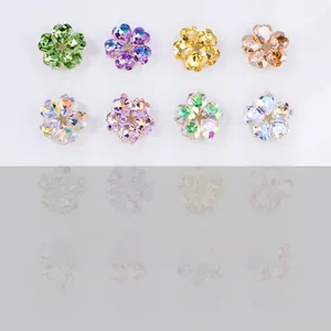 Detailed grid of 12x12mm crystal flower nail charms with gold bases in various colors