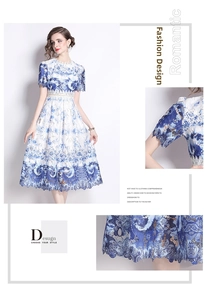 Detail of hollow-out water-soluble lace embroidery and blue floral print on dress