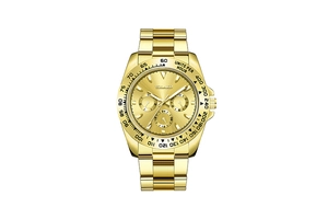 Detail of gold chronograph watch with three sub-dials and tachymeter bezel on steel band