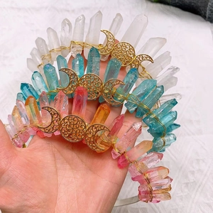 Handcrafted natural crystal crown headbands with moon charms in blue, clear and pink hues