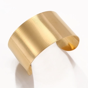 Minimalist 18k gold plated stainless steel open bangle with textured horizontal stripe finish