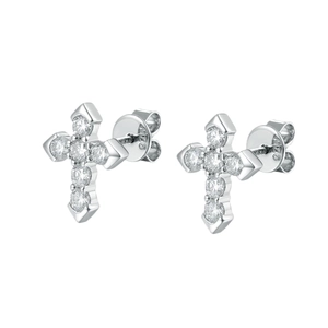 S925 sterling silver cross stud earrings with sparkling cubic zirconia on white background