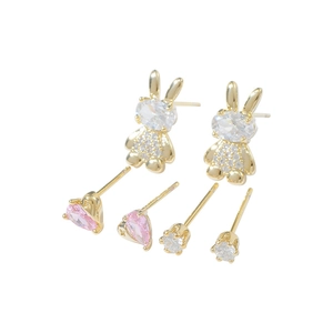 Three-pair gold earring set featuring cute bunny, pink heart, and round zircon studs