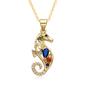 18K gold plated seahorse necklace featuring colorful micro-paved cubic zirconia stones