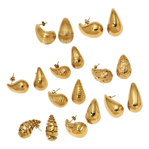 Polished gold stainless steel teardrop earring set with striped and textured hollow designs
