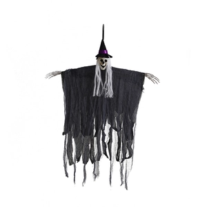 Close-up of a hanging Halloween skeleton ghost with black wizard hat and white hair