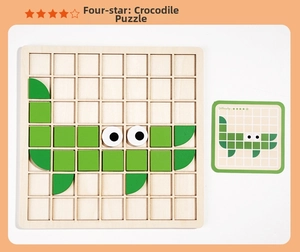 Detailed top view of 3D wooden crocodile puzzle block set with four-star challenge card