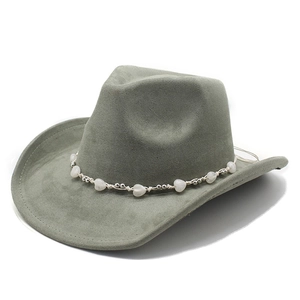 Retro grey-green suede western cowboy hat with decorative heart beaded band on white background