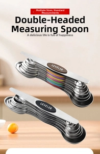 Macro detail of magnetic dual-sided stainless steel measuring spoons set with leveler