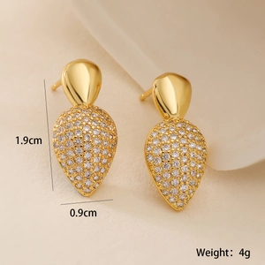 Macro detail of 18K gold-plated teardrop earrings with white zircon paving and dimensions