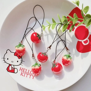 Simulation Strawberry Tomato Resin Charms Realistic Fruit Phone Lanyard Bag Hanging Accessories Pastoral Style Gift