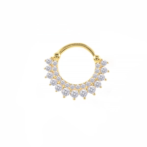 Detail of gold-plated nose ring with double-row clear zircons on a white background