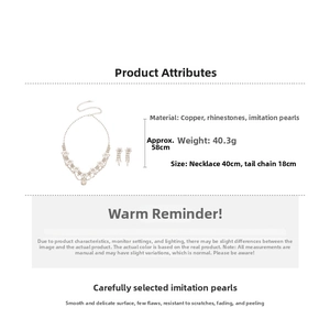 Detailed specs of the copper necklace and floral drop earrings set with faux pearls
