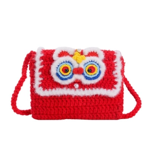 Handmade red crochet lion dance crossbody bag for kids with pearl accents and fur trim