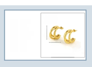 Detail view of 21x21mm 18K gold plated triple hoop earrings with size specifications