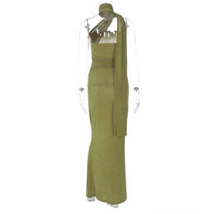 Back view of a green strapless long dress featuring a matching long neck scarf accessory