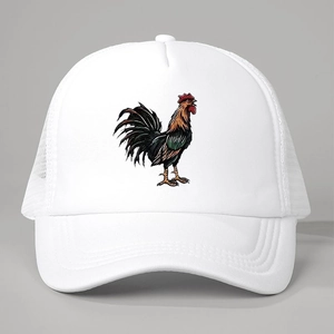 Detailed front view of white mesh trucker cap with colorful rooster print and foam crown