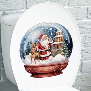 Christmas toilet lid stickers featuring Santa Claus and reindeer on a white bathroom seat