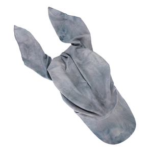 Detail view of gray washed denim headscarf hat with soft texture and curved design