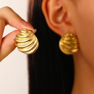 Retro 18K gold-plated stainless steel earrings with spiral texture for women