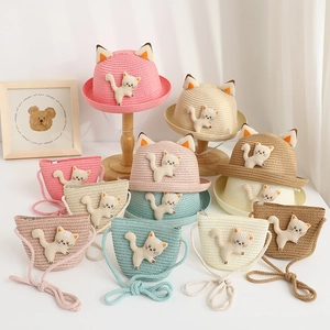 Kids summer straw sun hat and matching crossbody bag set with cute 3D cat doll accents