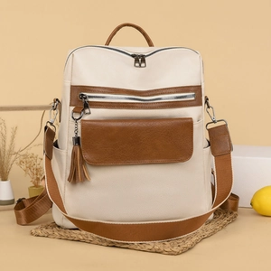 Women Fashion Backpack PU Leather Large Capacity Multi Pocket Anti Theft Travel Bag Streetwear Tassel Design Rucksack