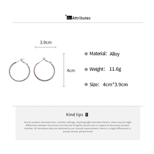 Macro detail of alloy hoop earrings showing 4cm diameter size and 11.6g weight specs