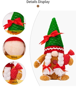 Detail view showing a plush Christmas gnome with braided hair and polka dot candy accessory