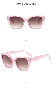Front and side view of pink polygonal sunglasses with tea gradient lenses on white backdrop