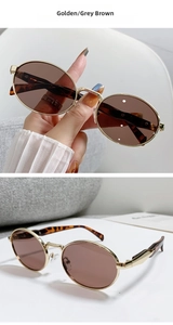 Detailansicht der ovalen Metall-Sonnenbrille mit Goldrahmen und Schildpatt-Bügeln