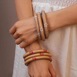 Three-piece wooden bangle set with daisy and strawberry floral prints for women