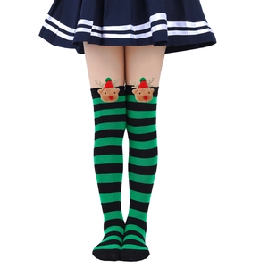 Detail of children's Christmas stockings with 3D reindeer dolls and green striped pattern
