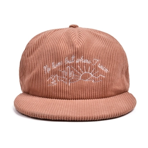 Detail view of cactus and mountain embroidery on brown corduroy five-panel baseball cap