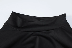 Detail shot of black bodycon dress featuring high neckline and fine ribbed knit texture